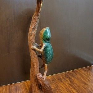 Handcarved Wooden Chameleon Statue Scupture Primitive